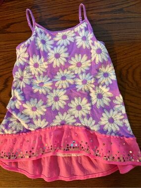 Justice Purple Daisy Tank Top with Pink Ruffle Trim